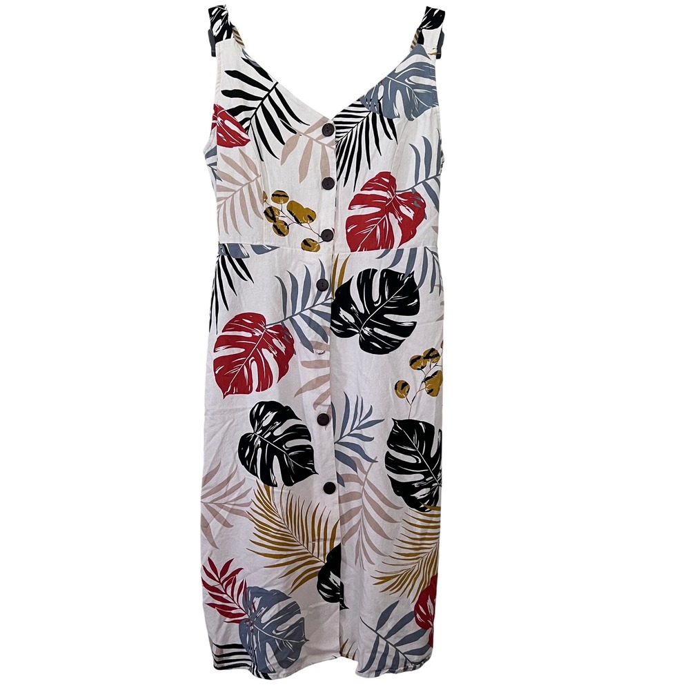 Monteau Los Angeles Tropical Leaf Button Down Midi Dress White Red Black M EUC